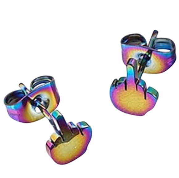 Metallic AB Rainbow Middle Finger Mini Hand Earrings Humor Statement Studs Punk - Picture 2 of 10